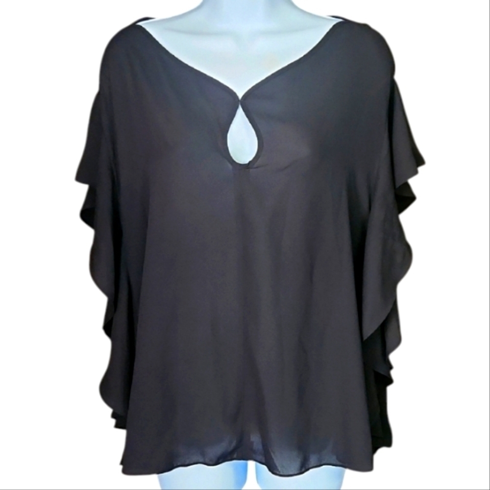Max Studio Semi Sheer Keyhole Front Cold Shoulder Top
